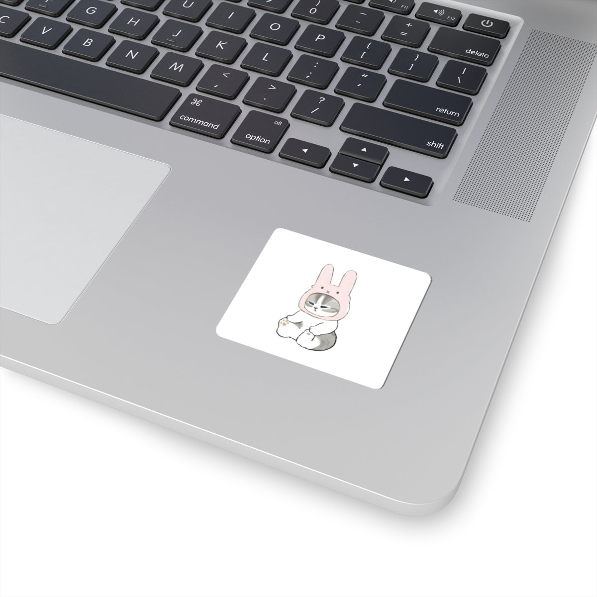 Kawaii Cat in Bunny Hat Kiss-Cut Sticker — Cute Pastel Laptop & Journal Decal